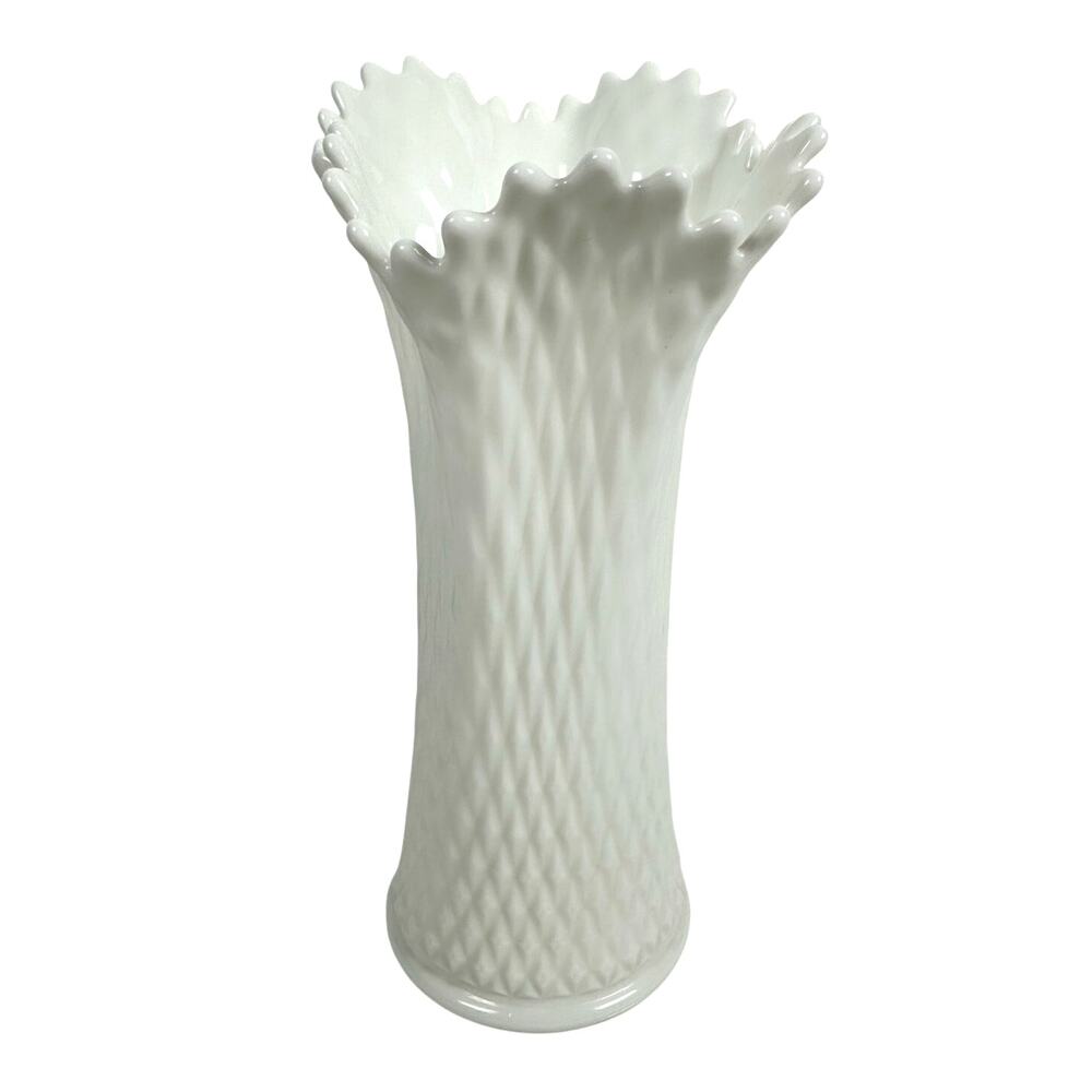 Westmoreland White Milk Glass Vintage Diamond Quilted Ruffled 12" Swung Vase